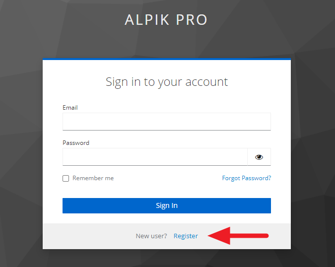 Alpik Pro login page — click Register