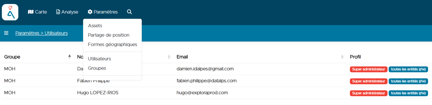 Alpik Pro — Users list (Paramètres > Utilisateurs)