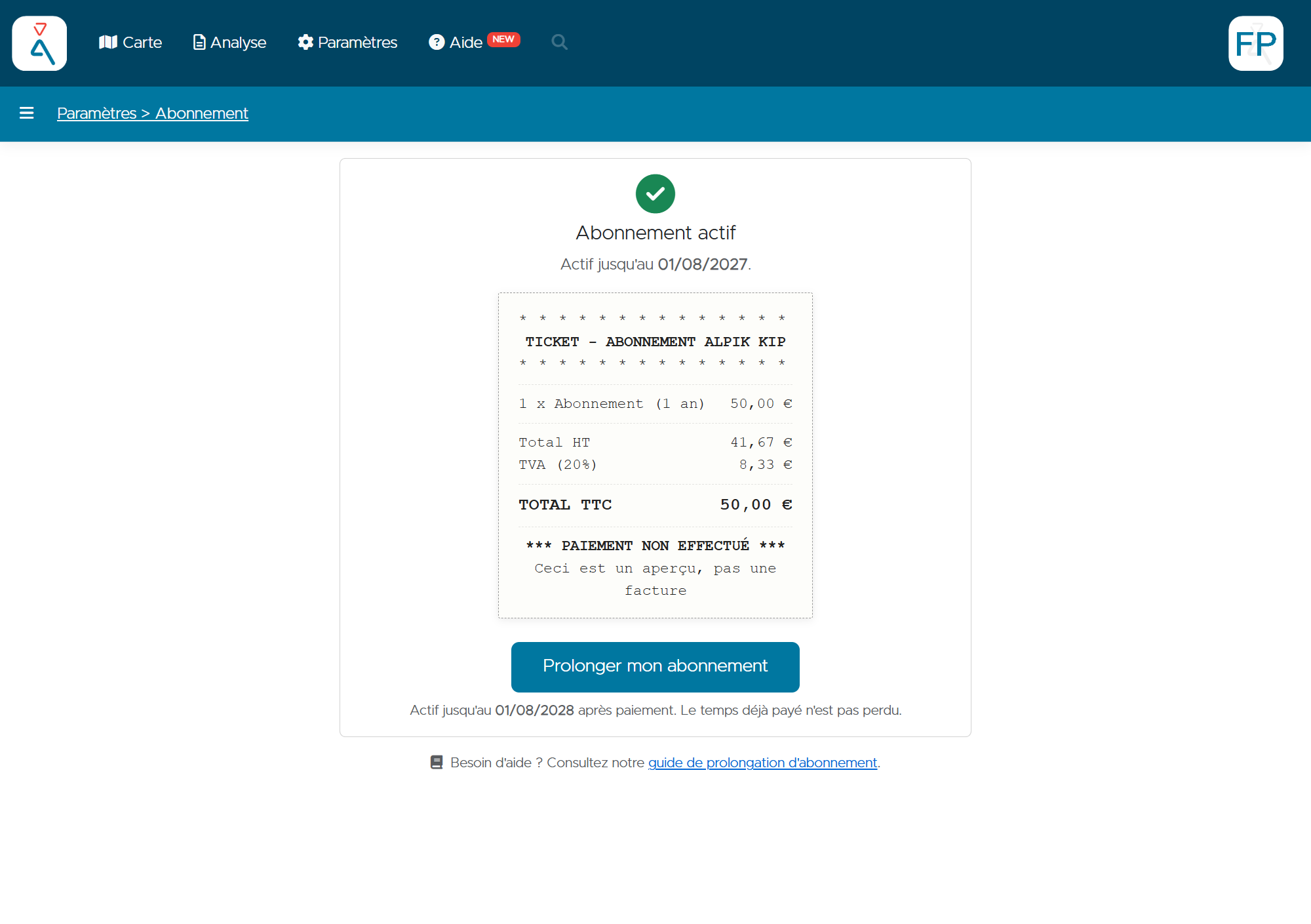 Alpik Pro — Abonnement KIP actif, prolongation possible